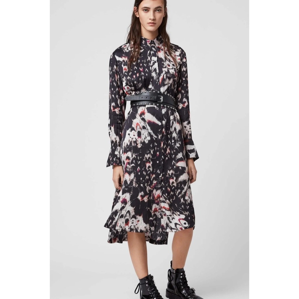 AllSaints Anya Wing  Abstract‎ Print Button Down Shirt Dress Black Magenta Small